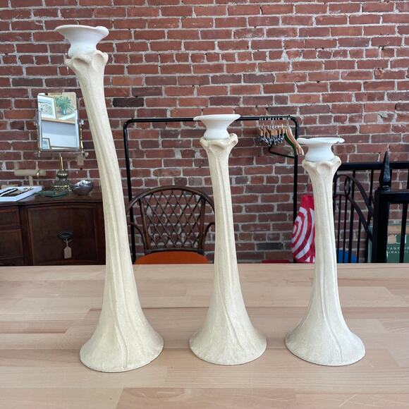 Whimsical Handmade Pottery Candlestick Trio | Sculptural Boho Candle Holders - Picture 2 of 7